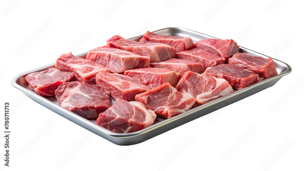 Meat pieces on tray isolated on transparent background