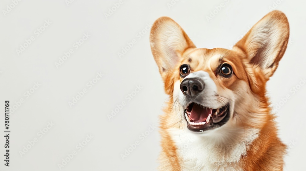 Smiling corgi looking upward with its tongue out on a neutral backdrop with copy space, concept animal shop, food