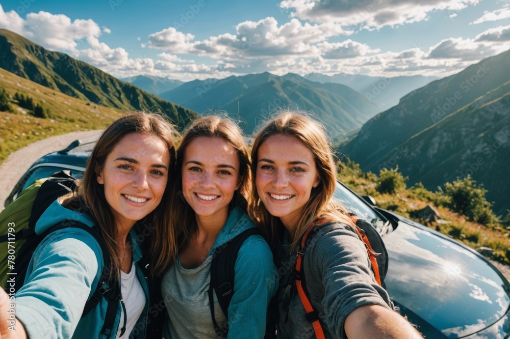 Young female backpackers taking selfie at car in remote mountains