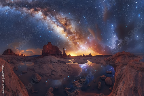 milky way galaxy over serene desert landscape with reflective water pools at night #780711723