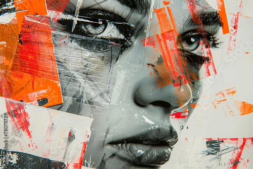 Collage portrait painting facial closeup eye contact print design art poster Generative AI technology © deagreez