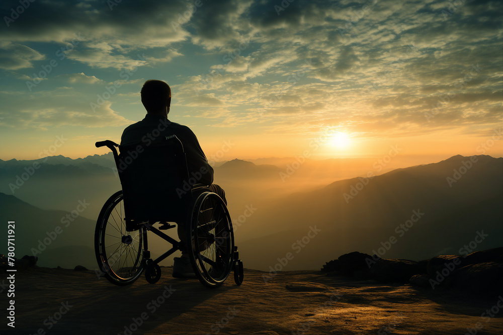 Image of wheelchair user appreciating beautiful landscape adventure and exploration regardless of disability generative AI