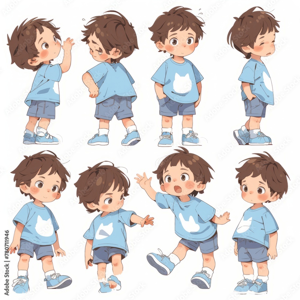 Character illustration of a young boy in different poses on a white background Character illustration of a young boy in different poses on a white background