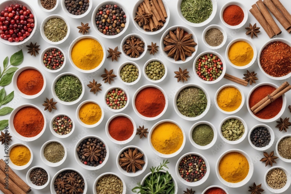 Overhead view of assorted spices and ingredients over white background