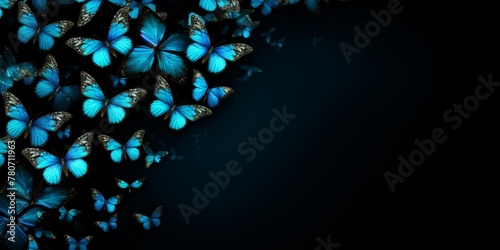 A swarm of blue butterflies on a dark background with ample copy space