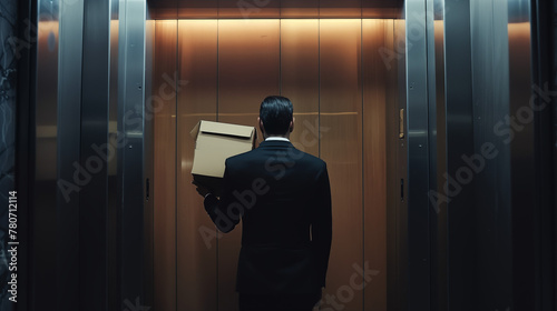 Fired employee leaving the office with a card box photo