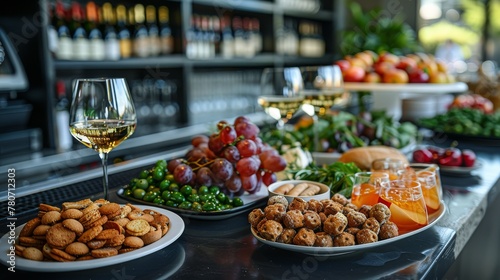 A bartender counter in a restaurant displays snacks and glasses of wine as part of a catering service background.