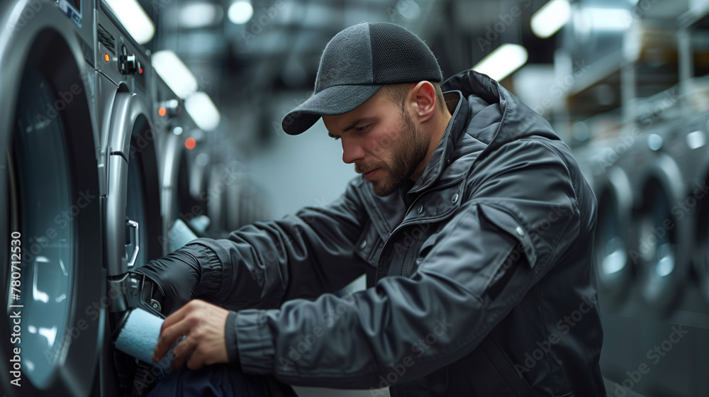 Man in a casual jacket and baseball cap doing laundry, loading clothes into an industrial washing machine at a public laundromat. Man in a casual jacket and baseball cap doing laundry, loading clothes into an industrial washing machine at a public laundromat.