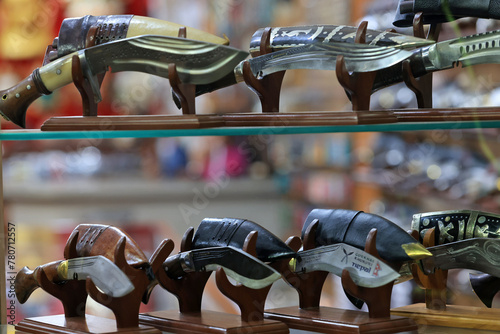 kukris are on sale in souvenir shop. Tourism is the main economic sources in Nepal.