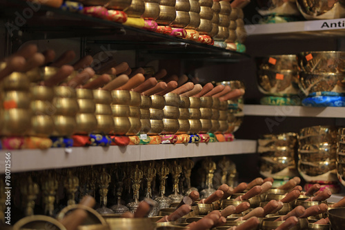Singing bowls for tourist in souvenir shop. Tourism is the main economic sources in Nepal.
