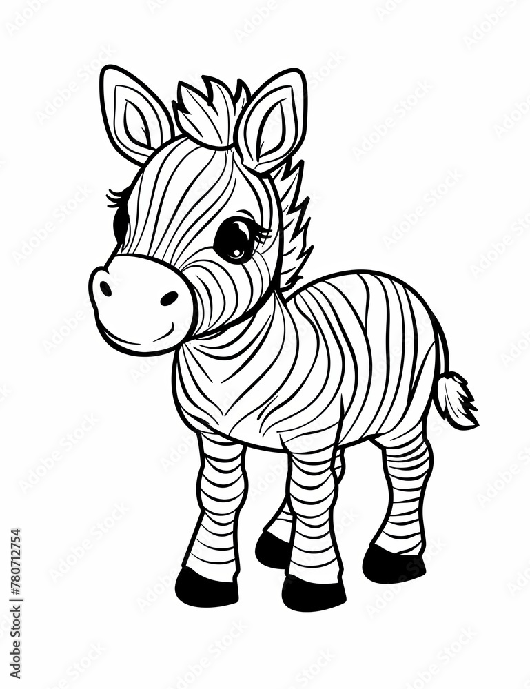 A cute zebra with a big smile on its face. The zebra is standing on a white background. Coloring page for kid