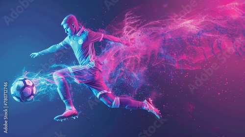Football player in mid-kick with vibrant pink and blue energy trails, on a dark background. © Natalya