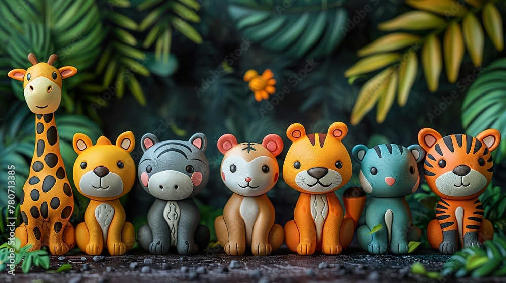 Colorful Jungle Animal Figures Lined Up Against Tropical Leaves Colorful Jungle Animal Figures Lined Up Against Tropical Leaves