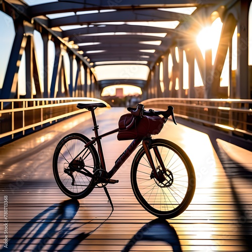 A bicyle with a basket on the bridge photo