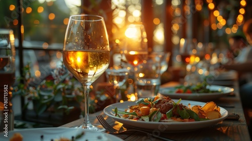 Here is an image of a restaurant table set out with tableware and wine glasses, showing the concept of hospitality, dining, and catering. The image is horizontally oriented with space for text to be