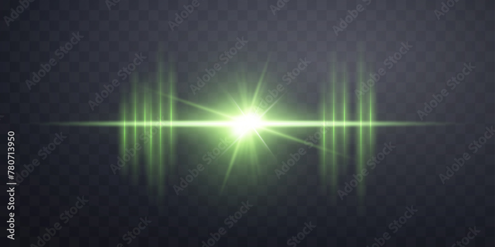 Green lens flare. Isolated on transparent background. Sun flash with rays or spotlight. Green glow flare light effect. Vector illustration - obrazy, fototapety, plakaty 