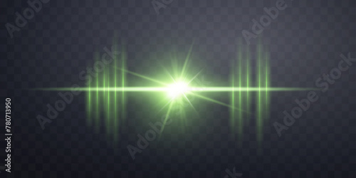 Green lens flare. Isolated on transparent background. Sun flash with rays or spotlight. Green glow flare light effect. Vector illustration