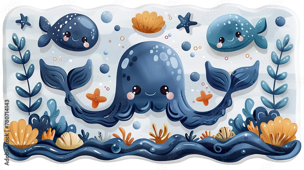 Naklejka premium Cute Cartoon Whales and Underwater Marine Life