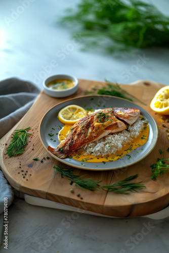 Grilled salmon on bed of rice with herbs and lemon