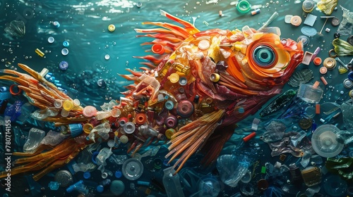 hyperrealistic photo ofA compelling visual metaphor for the pervasive spread of plastic pollution in our oceans, illustrated by a fish made entirely of trash,high quality shot