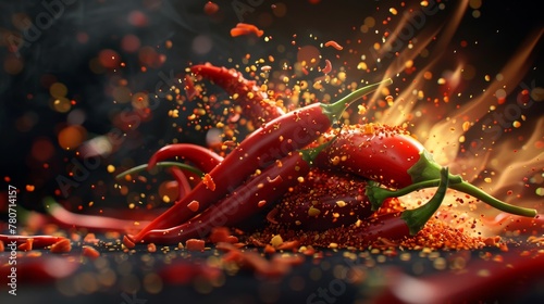hyperrealistic photo of The spicy chilies are swirling together twisting into a fiery explosion on a dark black background,high quality shot photo