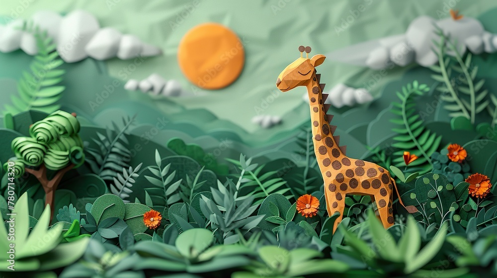 Fototapeta premium Paper Craft Giraffe in a Stylized Green Landscape
