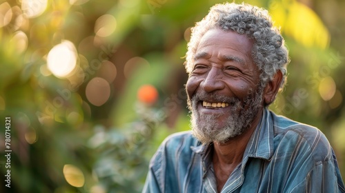 Joyful Senior Man with Genuine Smile in Sunlit Garden