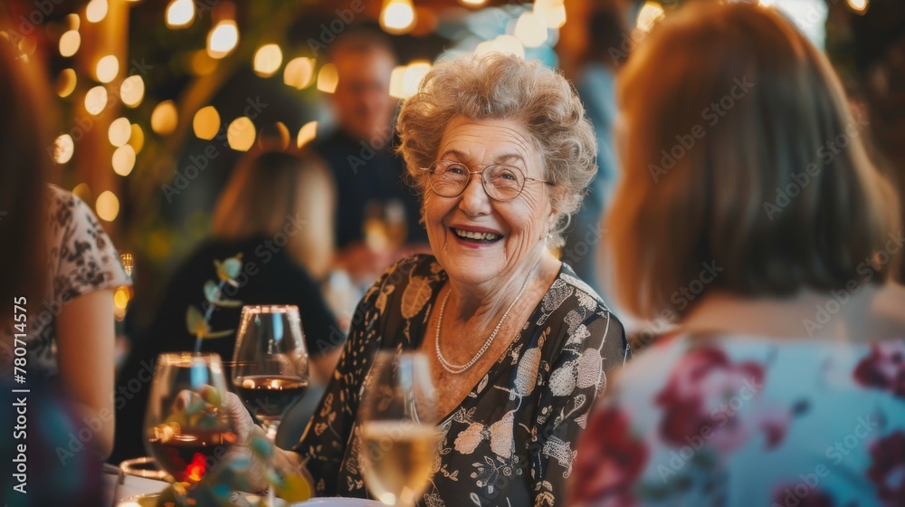 Joyful Elderly Lady Sharing Laughter at a Family Celebration