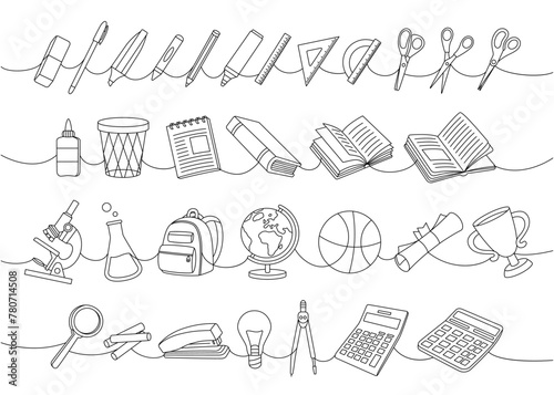 School supplies collection one line continuous drawing. Pencil, paper clip, eraser, diploma, trophy, schoolbag, globe, scissors, ruler, calculator