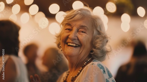 Glowing Senior Woman with a Joyful Smile at a Festive Gathering