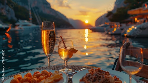Dinner at the beach with a romantic sunset. Table set for two with luxurious foods and champagne drinks. Restaurant with a view of the sea and yachts in the background. Summer vacation or wedding