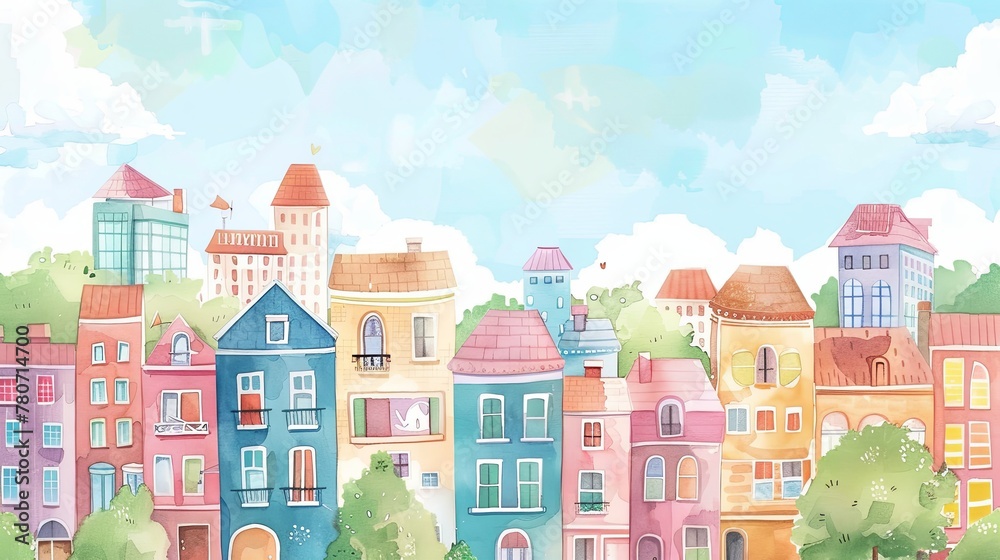 A charming watercolor painting of a vibrant, colorful town with whimsical architecture, set against a backdrop of fluffy clouds. Whimsical Watercolor Illustration of a Colorful Town

