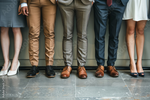Lower half of a diverse business team pose for job applicants in suits standing in row, waiting for recruiting talk or interview results. HR, hiring, employment concept photo