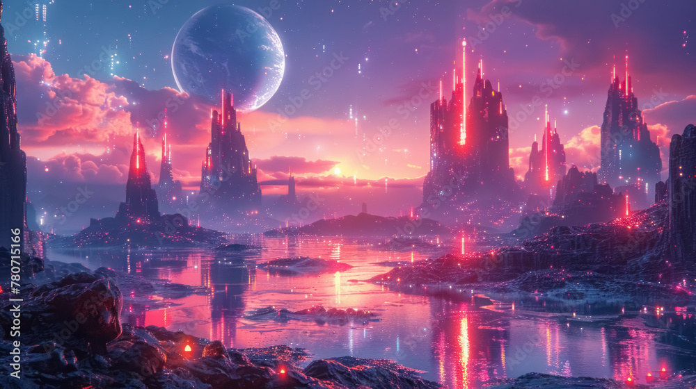 Fototapeta premium mystical alien planet landscape at dusk with towering crystalline structures, a serene lake, and a glowing moon