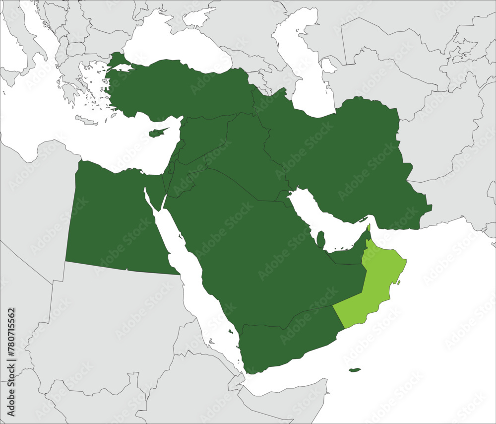 Obraz premium Light green detailed blank political map of OMAN with black borders on gray continent background and white sea surfaces using orthographic projection of dark green Middle East
