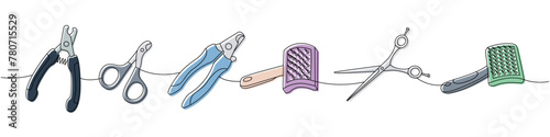 Pets accessories. Scissors for pets grooming, nail clippers, brush, fur remover continuous one line illustration. Vector linear illustration.