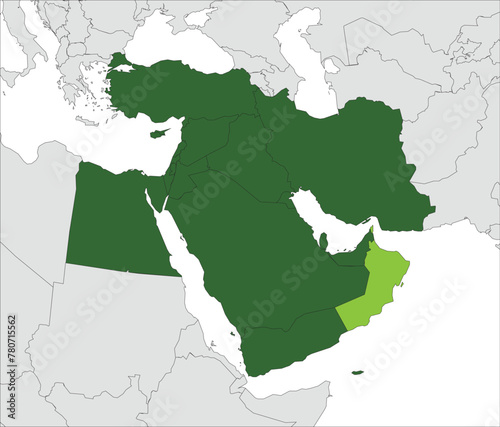 Light green detailed blank political map of OMAN with black borders on gray continent background and white sea surfaces using orthographic projection of dark green Middle East