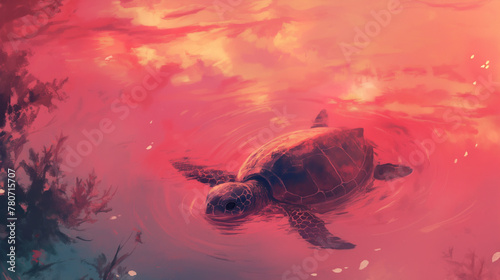 Tartaruga em um lago ao por do sol rosa - Ilustração photo