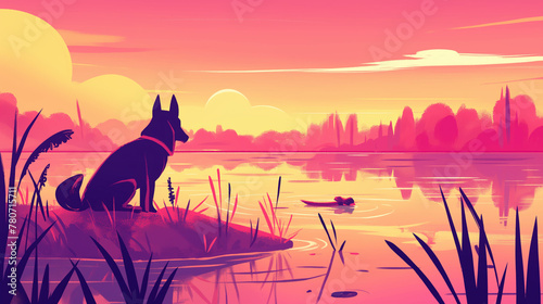Cachorro em um lago ao por do sol rosa - Ilustração