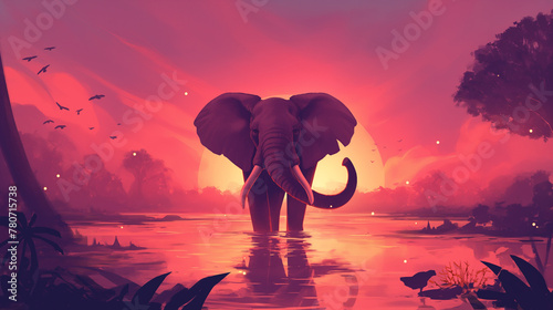 Elefante em um lago ao por do sol rosa - Ilustração