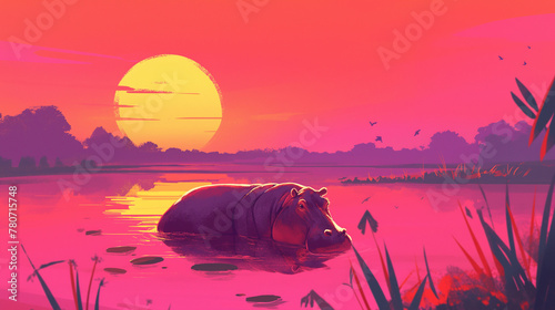 Hipopótamo em um lago ao por do sol rosa - Ilustração 