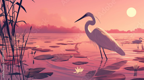 Garça em um lago ao por do sol rosa - Ilustração