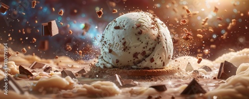 An imaginative composition featuring an ice cream planet with a cookie crust, orbiting through a galaxy of chocolate chunks and sprinkled stardust photo