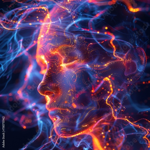 Abstract visualization of a virtual mind  intertwining intelligence and innovation  neon essence