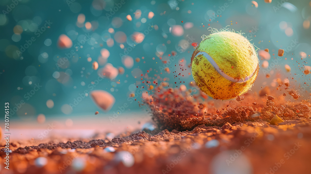 Red and orange clay interacting with a tennis ball in flight