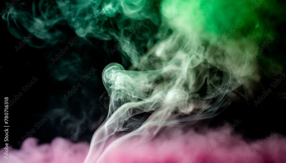 ai generative of green smoke is at the top, pink smoke is hanging below, ejected from a very expensive tool, black background, very artistic for your work
