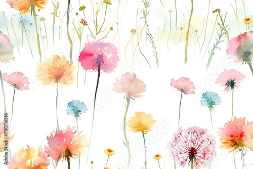 Watercolors of dandelion flowers, seamless pattern tile. © DYNECREATIVE