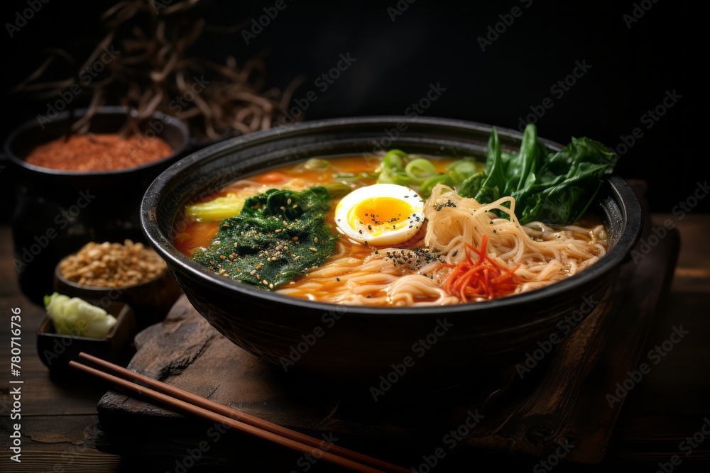 Delicious ramen in a clay dish against a whitewashed wood background Delicious ramen in a clay dish against a whitewashed wood background