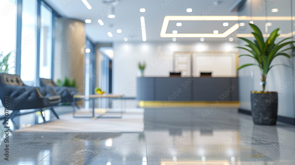 Modern office reception area with blurred background, featuring a welcoming atmosphere Modern office reception area with blurred background, featuring a welcoming atmosphere