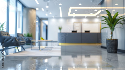 Modern office reception area with blurred background, featuring a welcoming atmosphere